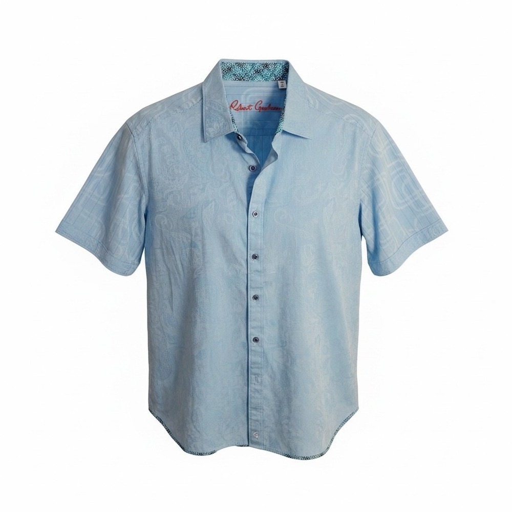 Robert Graham Shirt Mens L Blue Paisley Short Sleeve Classic Fit Jacquard Cotton